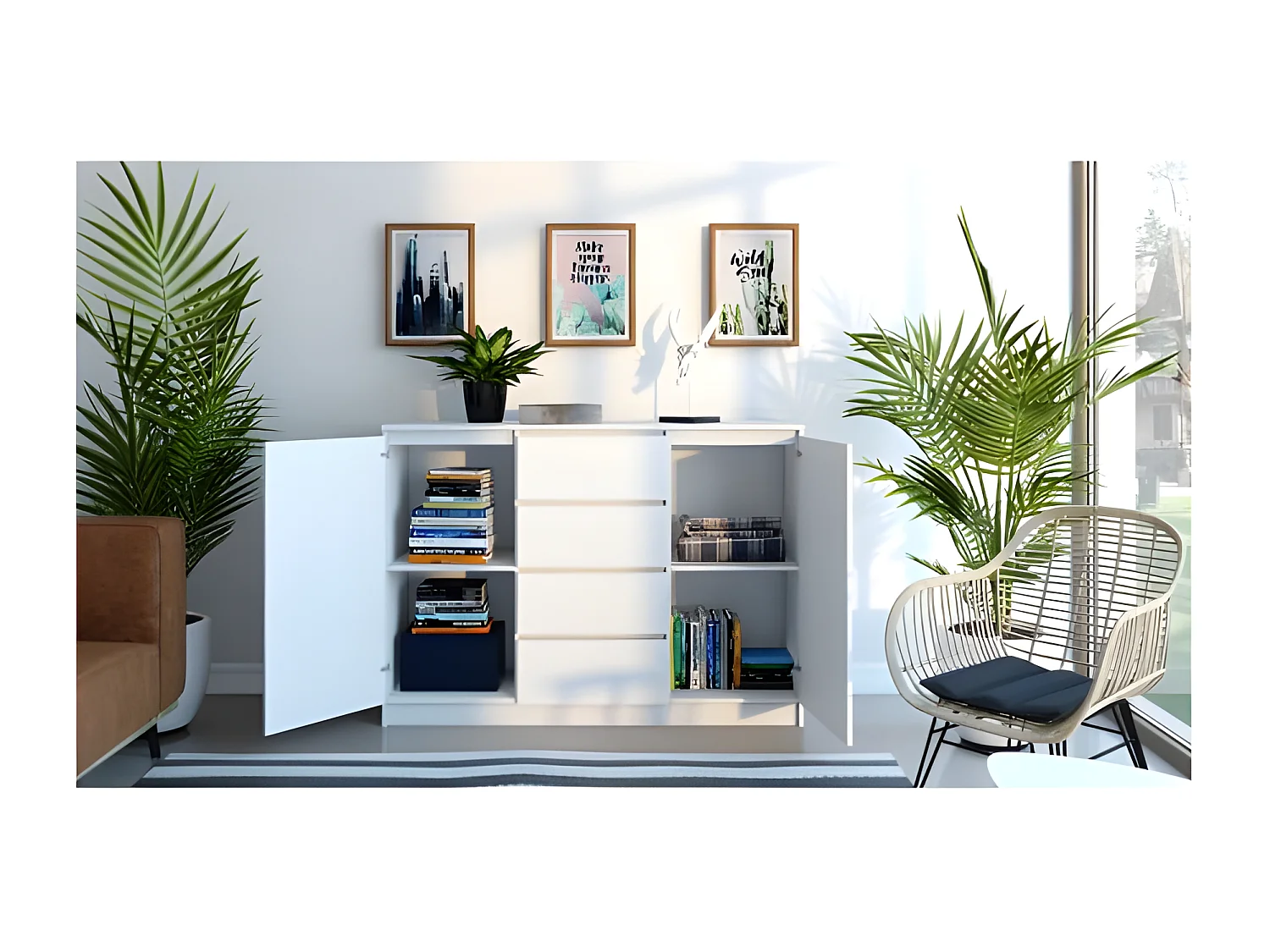 PARME - Commode de salon - 2 portes + 4 triroirs - 120x40x97 - Buffet style scandinave - Meuble de rangement