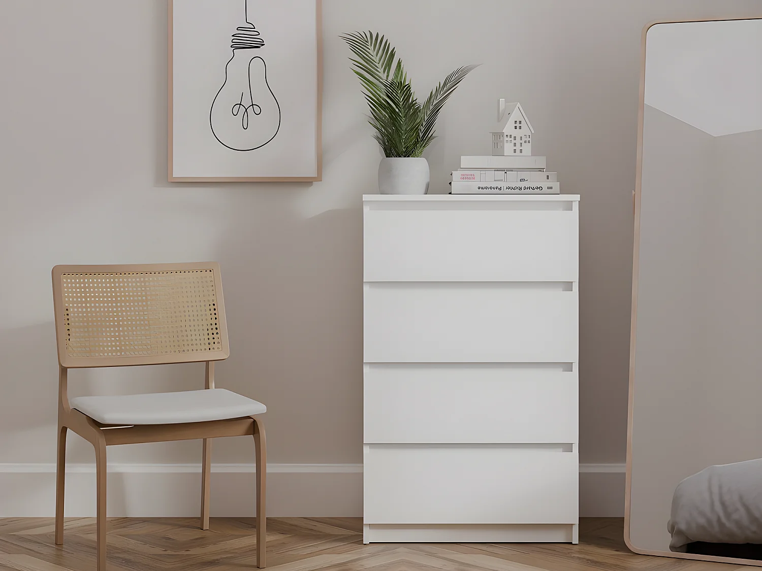 ASTER T4 - Cómoda moderna de 4 cajones - 97x70x40 - Mueble de almacenaje - Estilo escandinavo - Acabado blanco mate