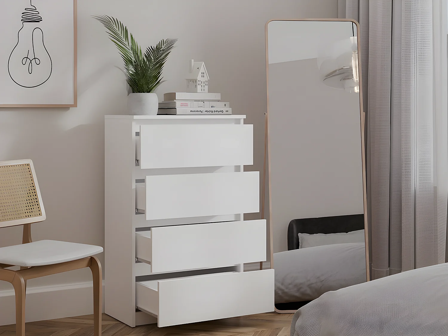 ASTER T4 - Cómoda moderna de 4 cajones - 97x70x40 - Mueble de almacenaje - Estilo escandinavo - Acabado blanco mate