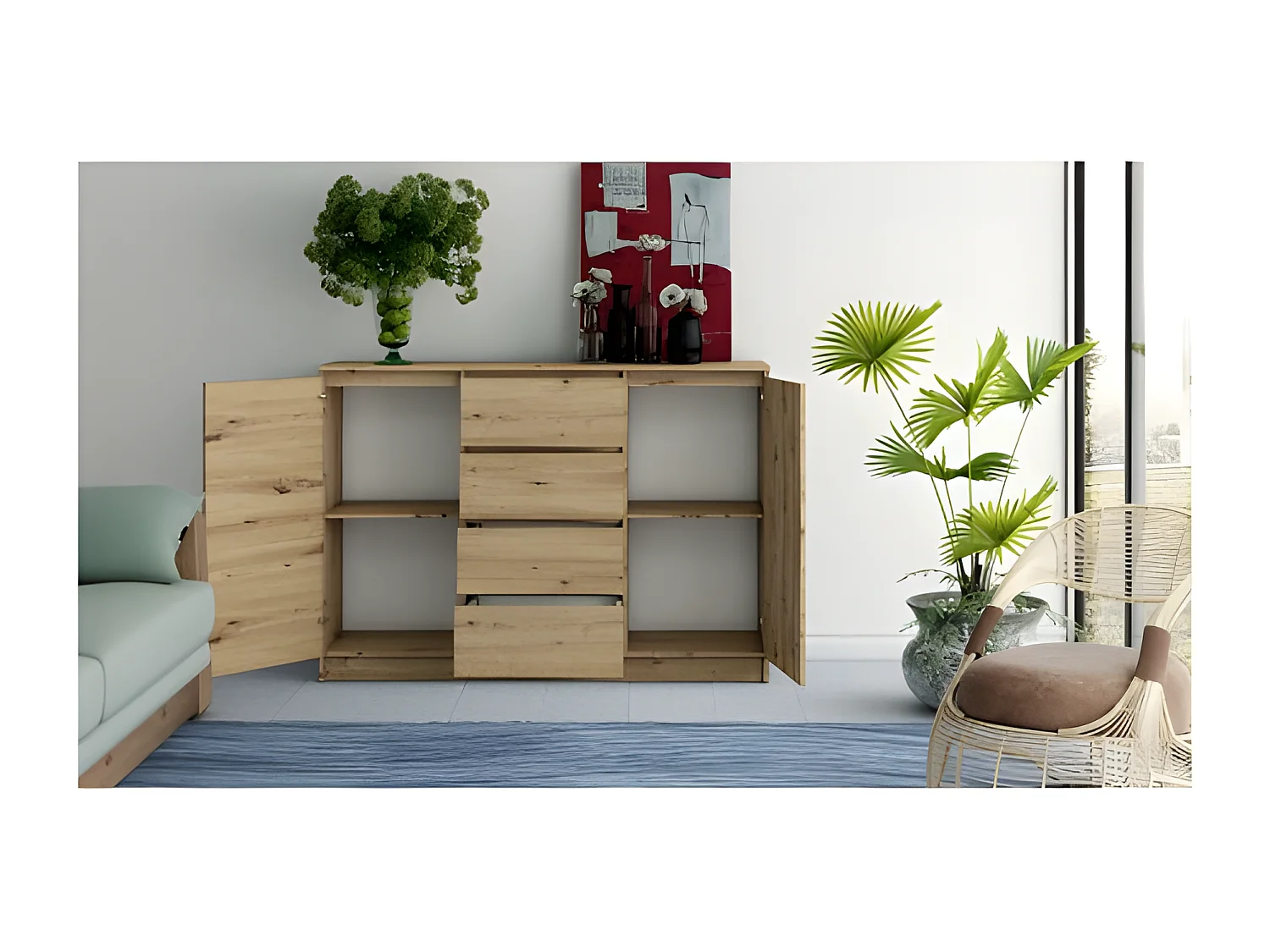 PARME | Cómoda contemporánea 120x40x97 2 puertas + 4 cajones dormitorio/salón/oficina | aparador escandinavo | Gabinete de almacenamiento moderno