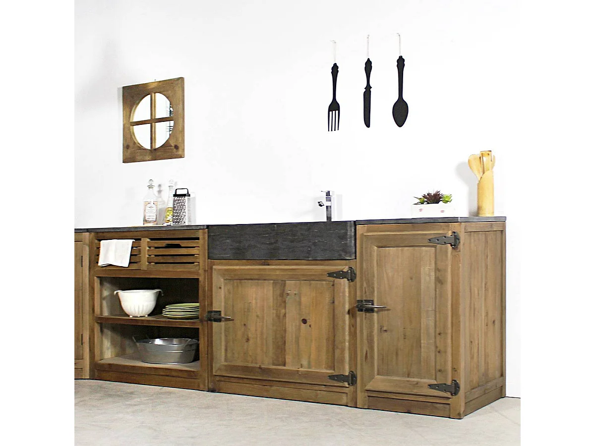 Mueble de cocina bajo en madera reciclada con fregadero de 2 cubetas en piedra azul