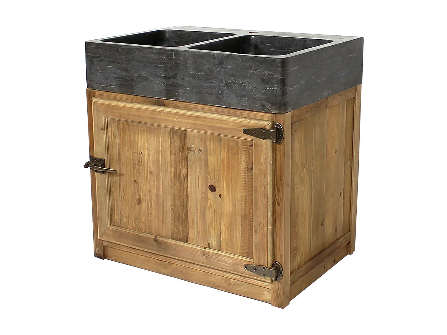 Mueble de cocina bajo en madera reciclada con fregadero de 2 cubetas en piedra azul