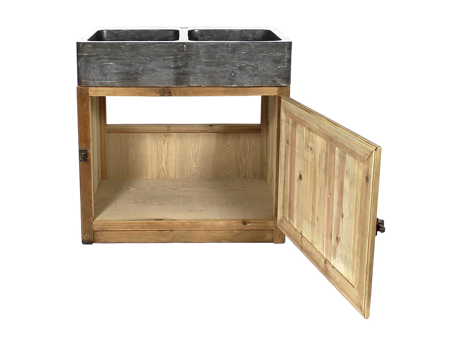 Mueble de cocina bajo en madera reciclada con fregadero de 2 cubetas en piedra azul