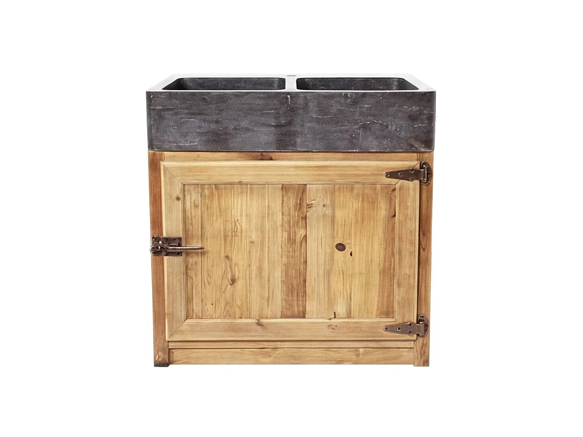 Mueble de cocina bajo en madera reciclada con fregadero de 2 cubetas en piedra azul