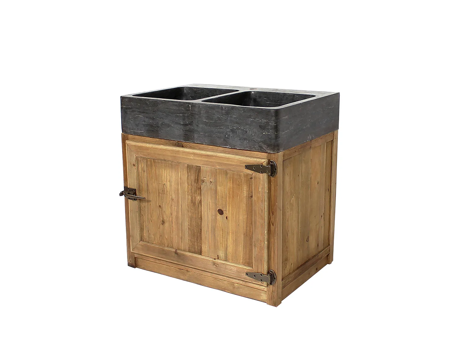 Mueble de cocina bajo en madera reciclada con fregadero de 2 cubetas en piedra azul