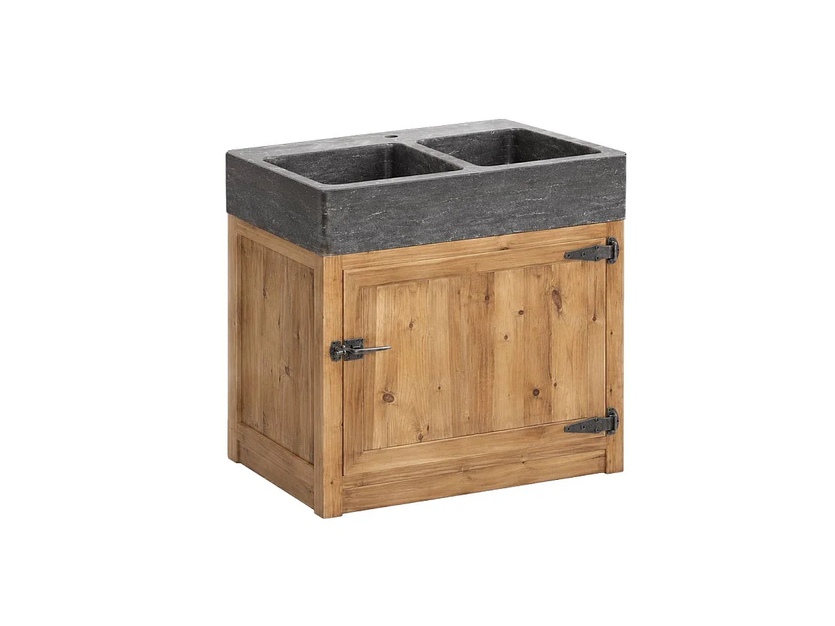Mueble de cocina bajo en madera reciclada con fregadero de 2 cubetas en piedra azul