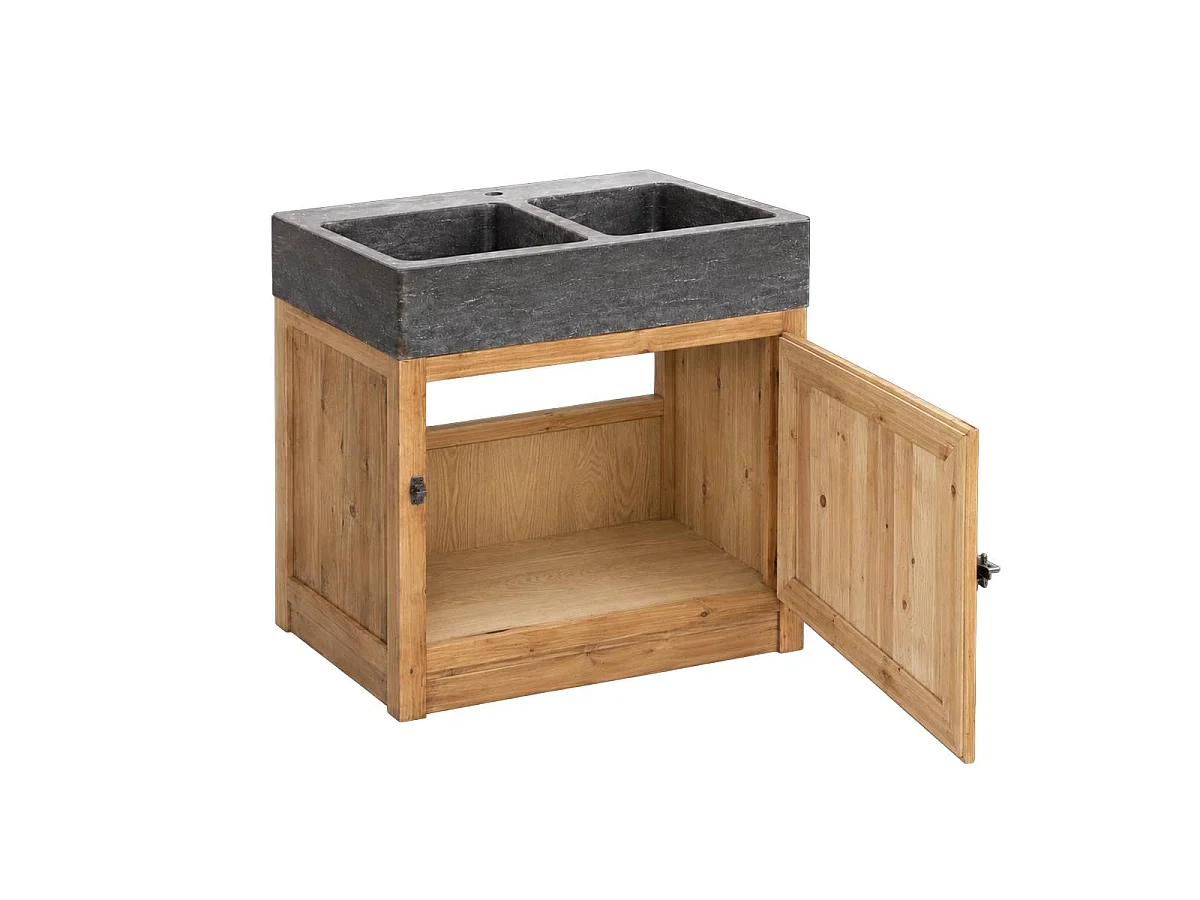 Mueble de cocina bajo en madera reciclada con fregadero de 2 cubetas en piedra azul