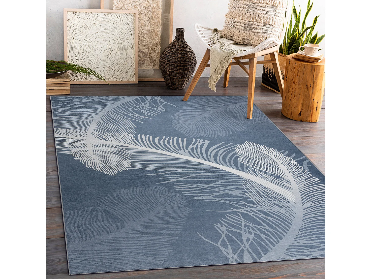 Tapis lavable ANDRE 1148 Plumes antidérapant - bleu 80x150 cm