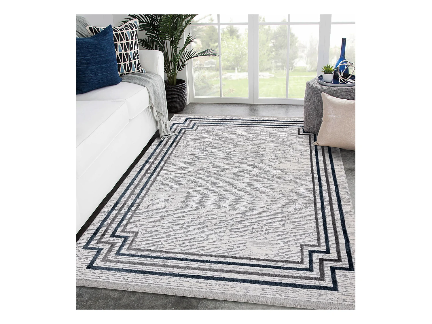 Tapijt modern TULS 51242 frame ivoorkleur / blauw 80x150 cm
