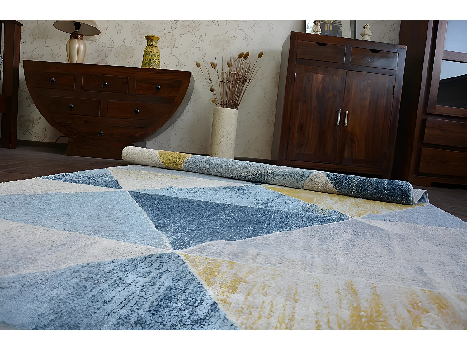 Tapis NORDIC TRIANGLES bleu et crème G4584 140x190 cm