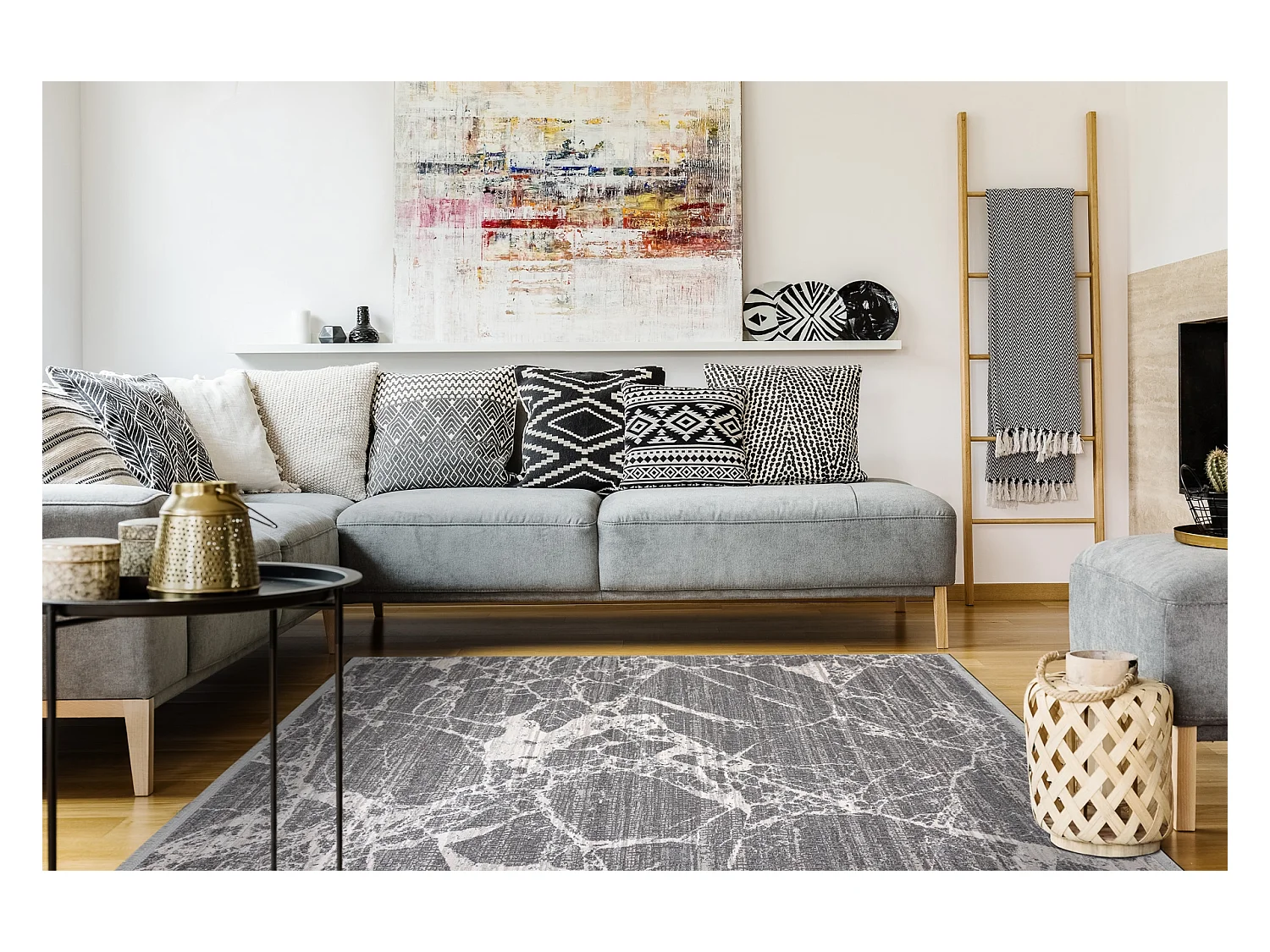 Tapis moderne REBEC franges 51186B Marbre - deux niveaux de molleton c 140x190 cm