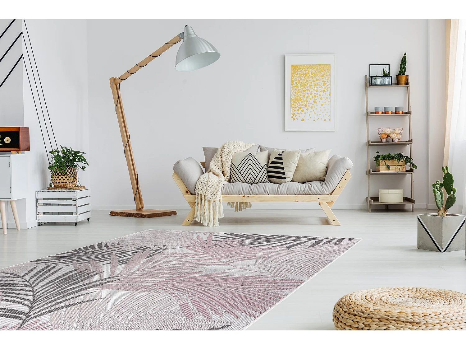 Tapijt SISAL SION Palmblad, tropisch 2837 Plat geweven ecru / roze 80x150 cm