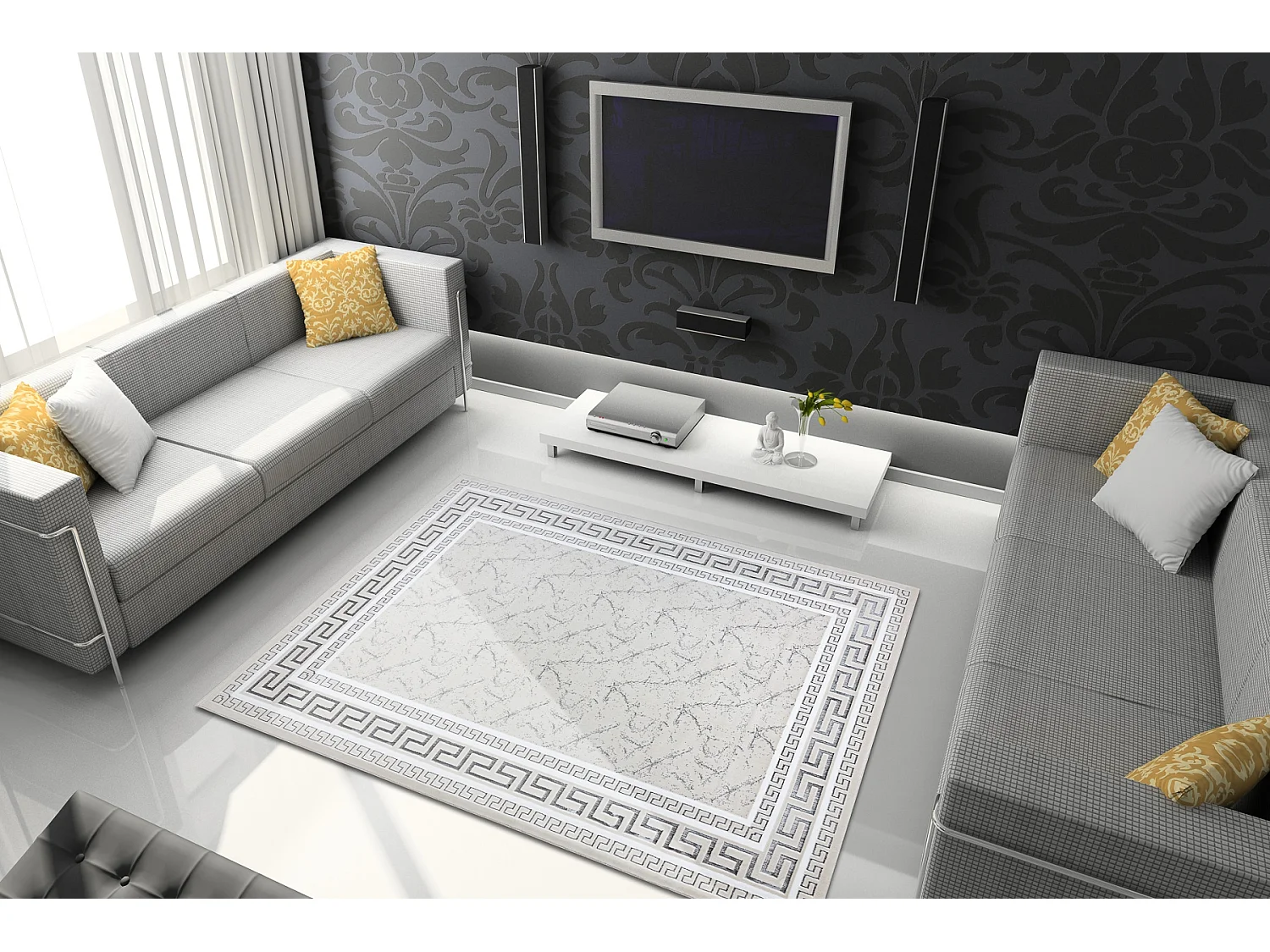 Tapis GLOSS moderne 2813 57 élégant, cadre, grec ivoire / gris 140x190 cm