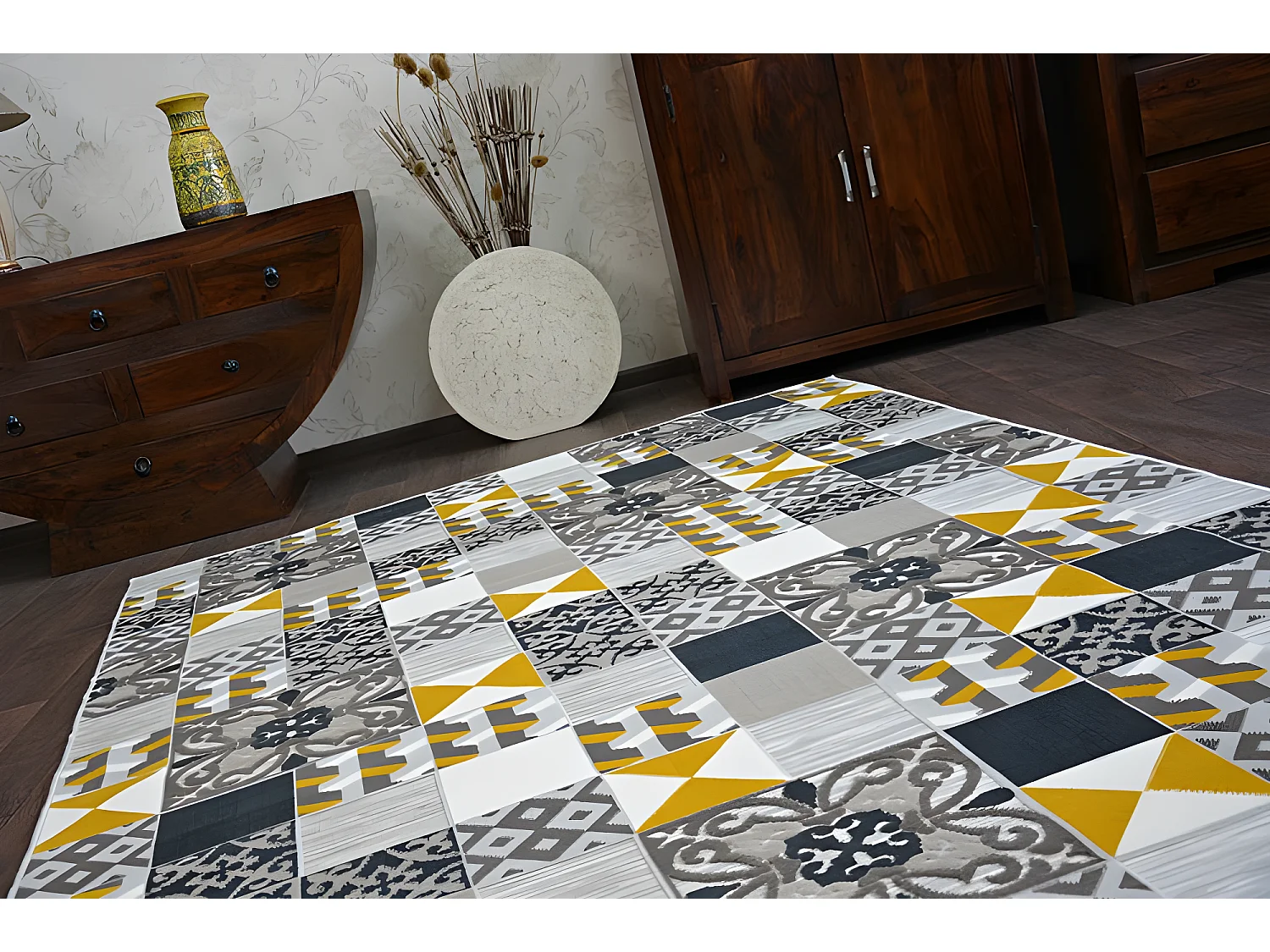 Tapijt LISBOA 27218/255 Vierhoeken , Tegels ,  Geel Vossabon Portugese 80x150 cm