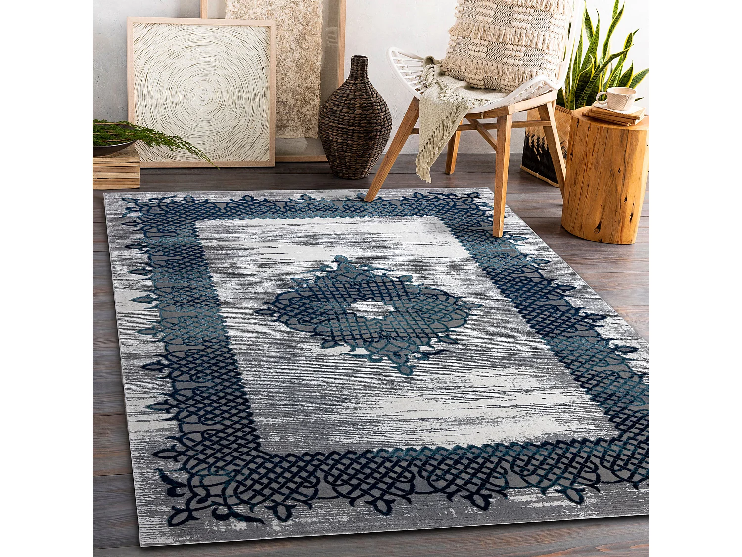 Tapijt CORE W9797 Kader, Rosette - structureel, twee lagen vlies, blau 80x150 cm
