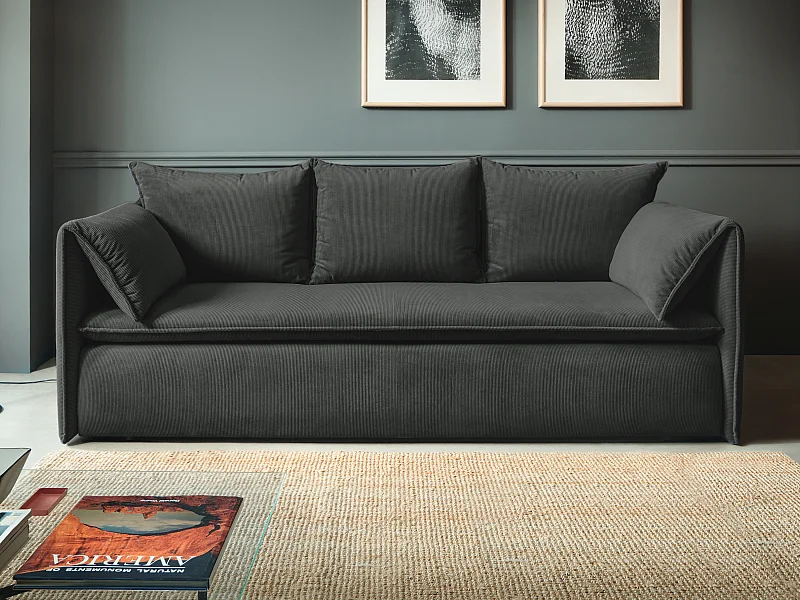 Slaapbank met 3 plaatsen in donkergrijs ribfluweel met fijne ribbels TEODORA