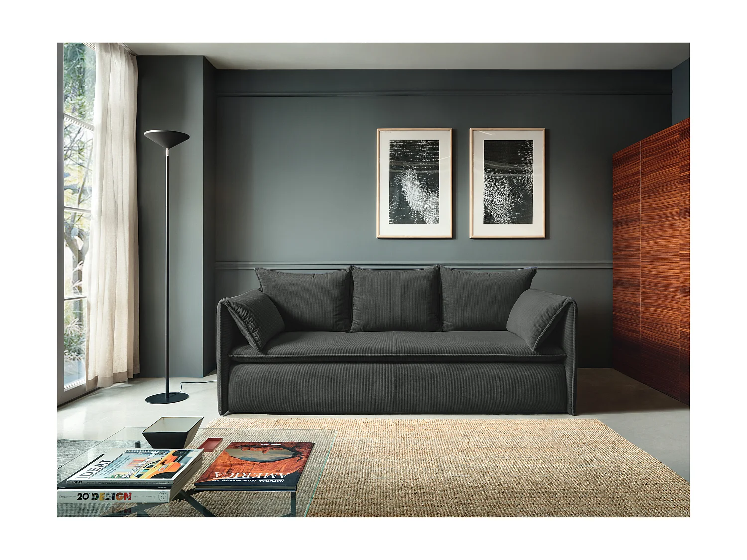 Sofá cama de 3 plazas de pana gris oscuro TEODORA