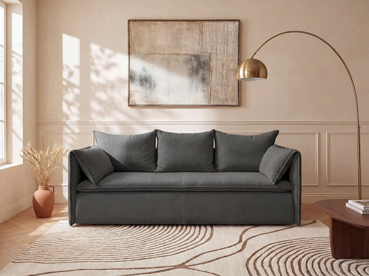 3-seater convertible sofa in anthracite grey fine-ribbed corduroy velvet TEODORA