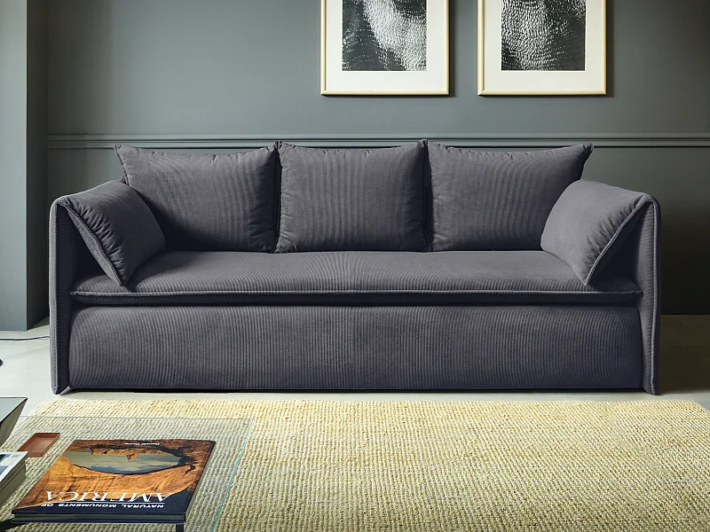 Sofa 3-Sitzer - Mit Schlaffunktion - Feincord - Graublau - TEODORA