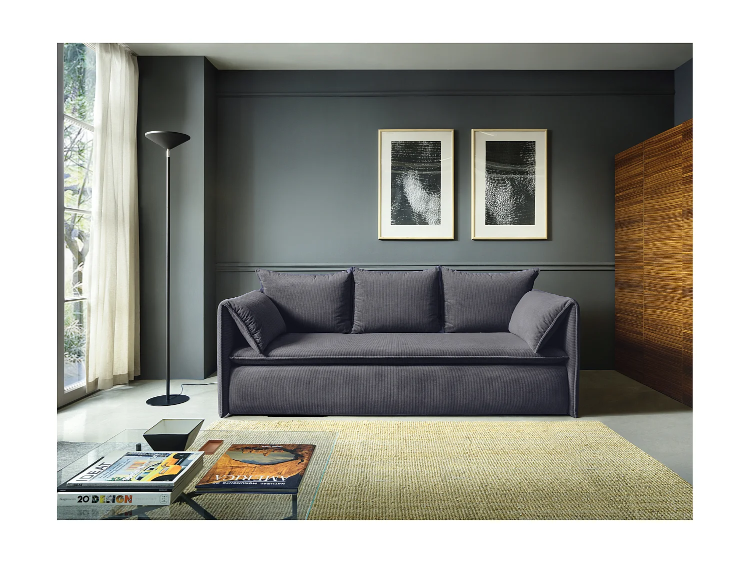 Sofa 3-Sitzer - Mit Schlaffunktion - Feincord - Graublau - TEODORA