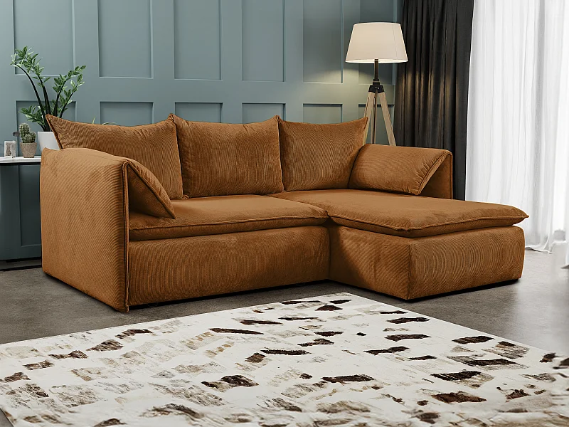 Canapé d'angle droit convertible en velours côtelé fines côtes terracotta TEODORA