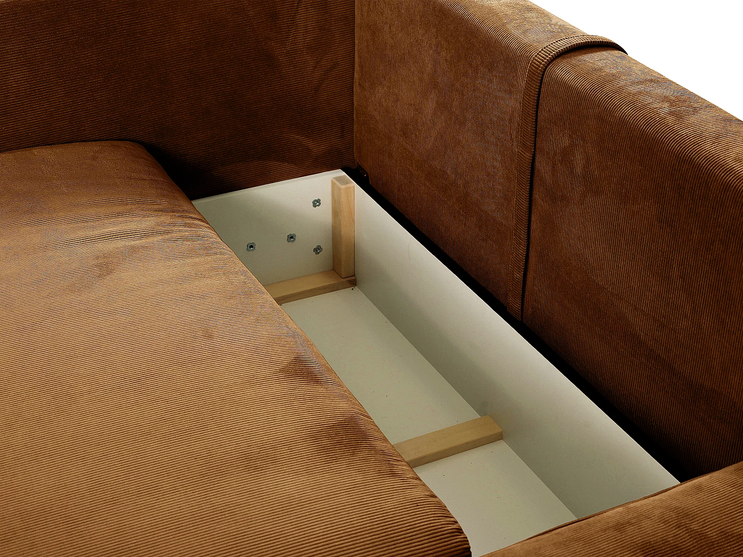 Terracotta-farget kordfløyel hjørnesofa med sovefunksjon, høyre-vendt, TEODORA