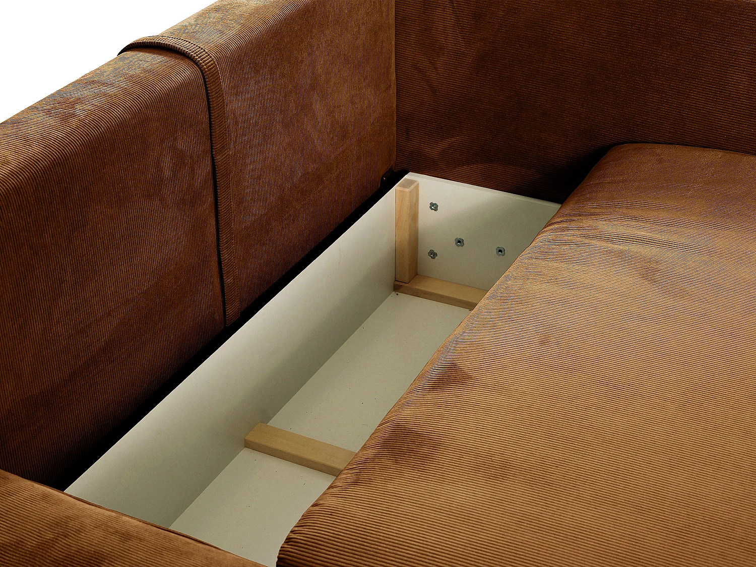 Slaapbank met linkse hoek in terracotta ribfluweel met fijne ribbels TEODORA