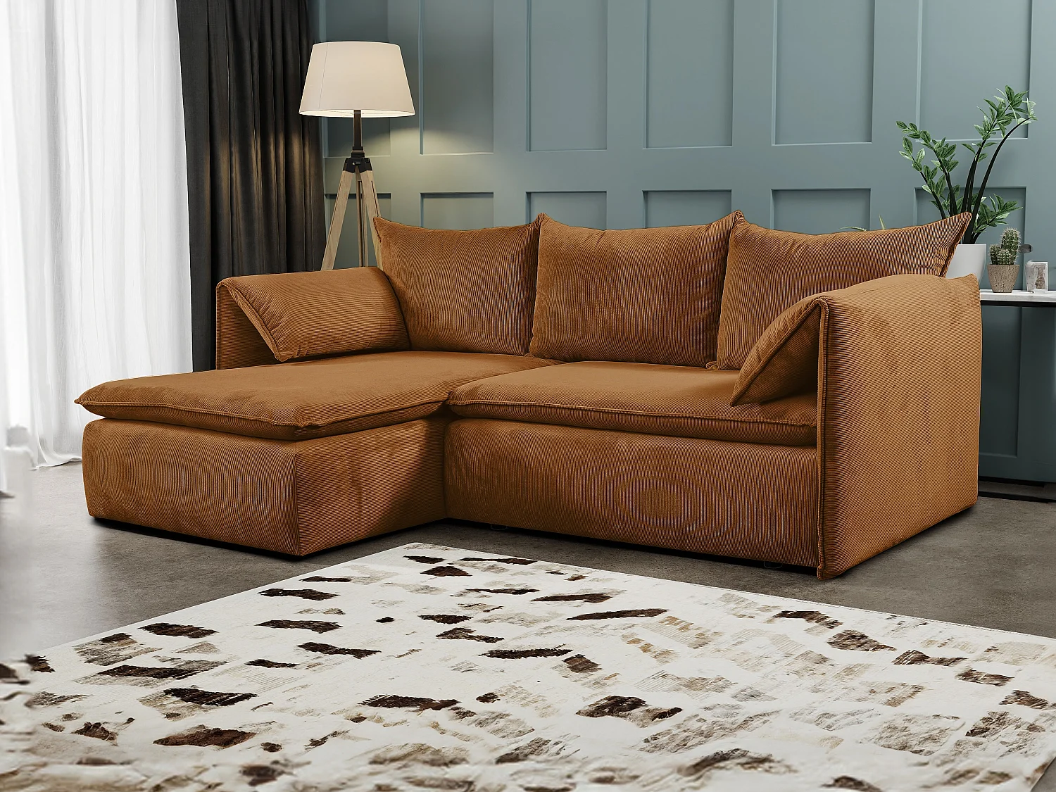 Slaapbank met linkse hoek in terracotta ribfluweel met fijne ribbels TEODORA