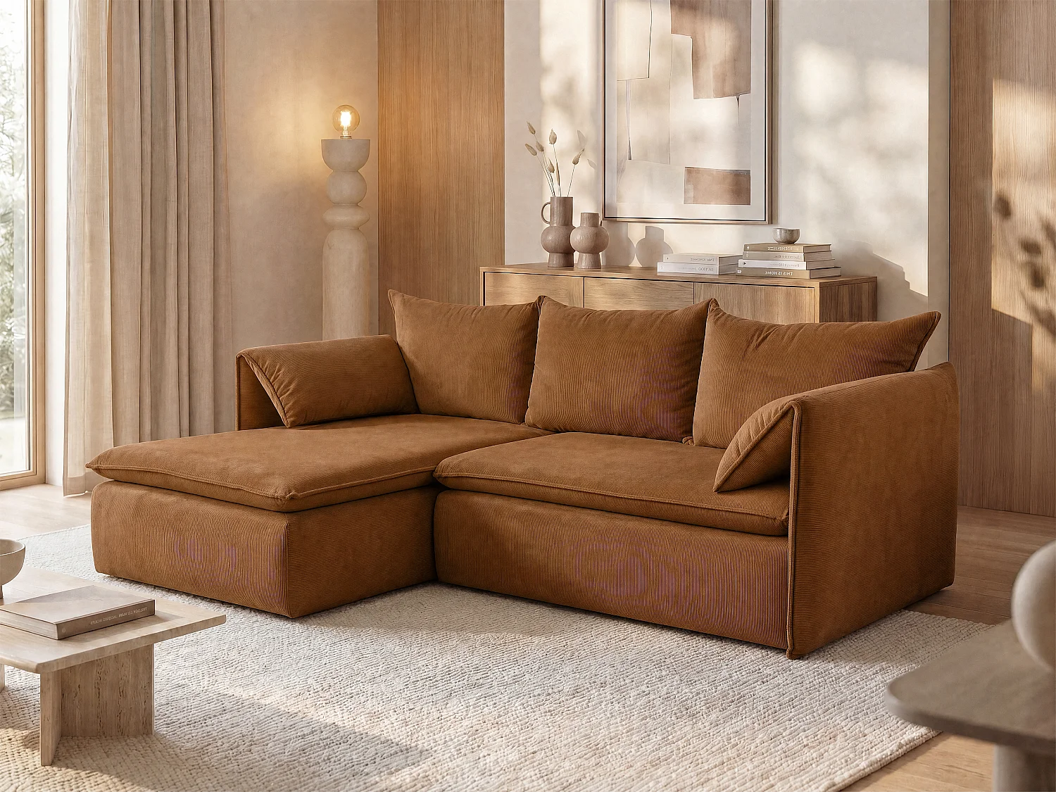 Left-hand convertible corner sofa in fine-ribbed terracotta corduroy velvet TEODORA