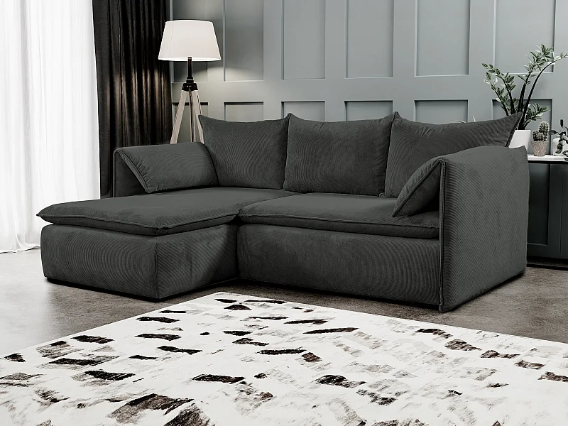 Canapé d'angle gauche convertible en velours côtelé fines côtes gris anthracite TEODORA