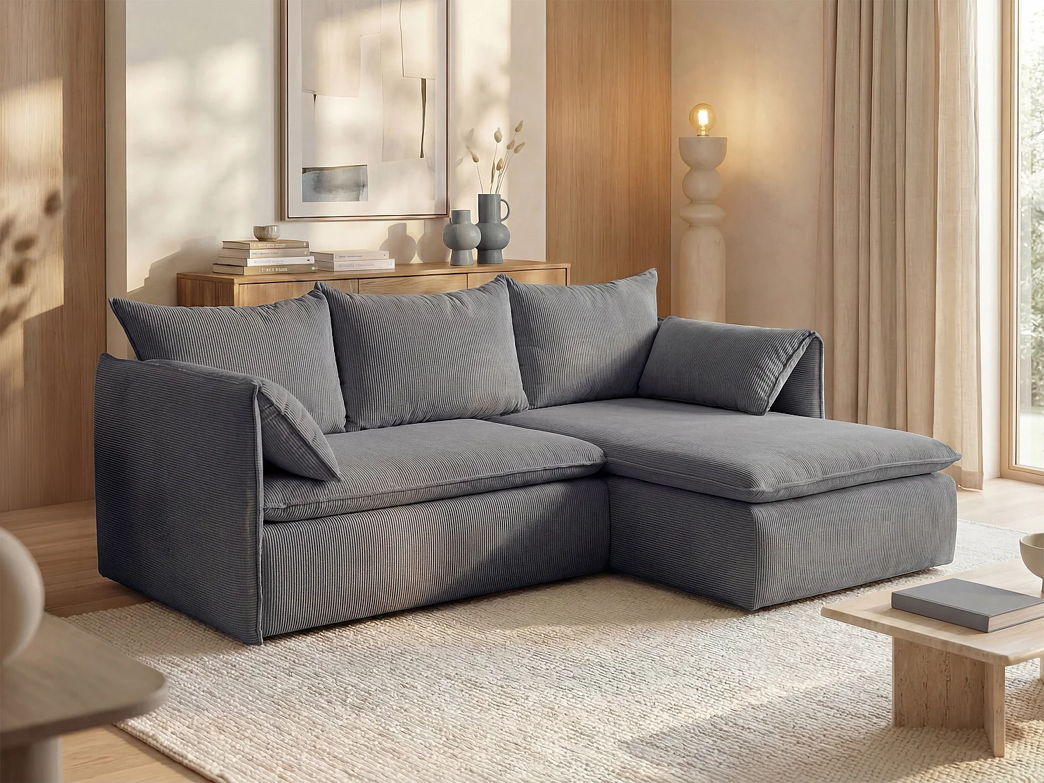Ecksofa mit Schlaffunktion - Ecke rechts - Feincord - Graublau - TEODORA
