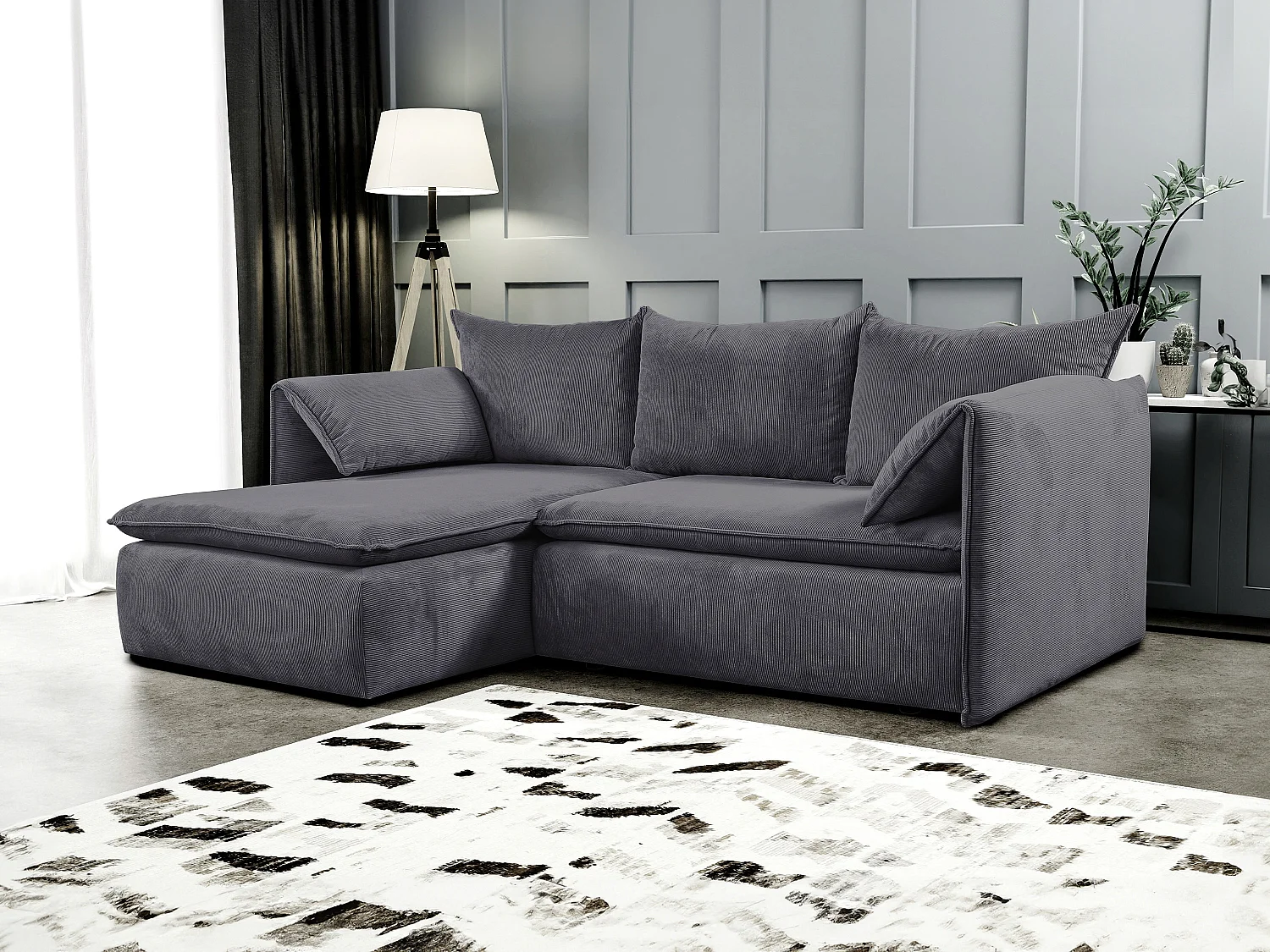 Sofá cama rinconera izquierda de pana azul gris TEODORA