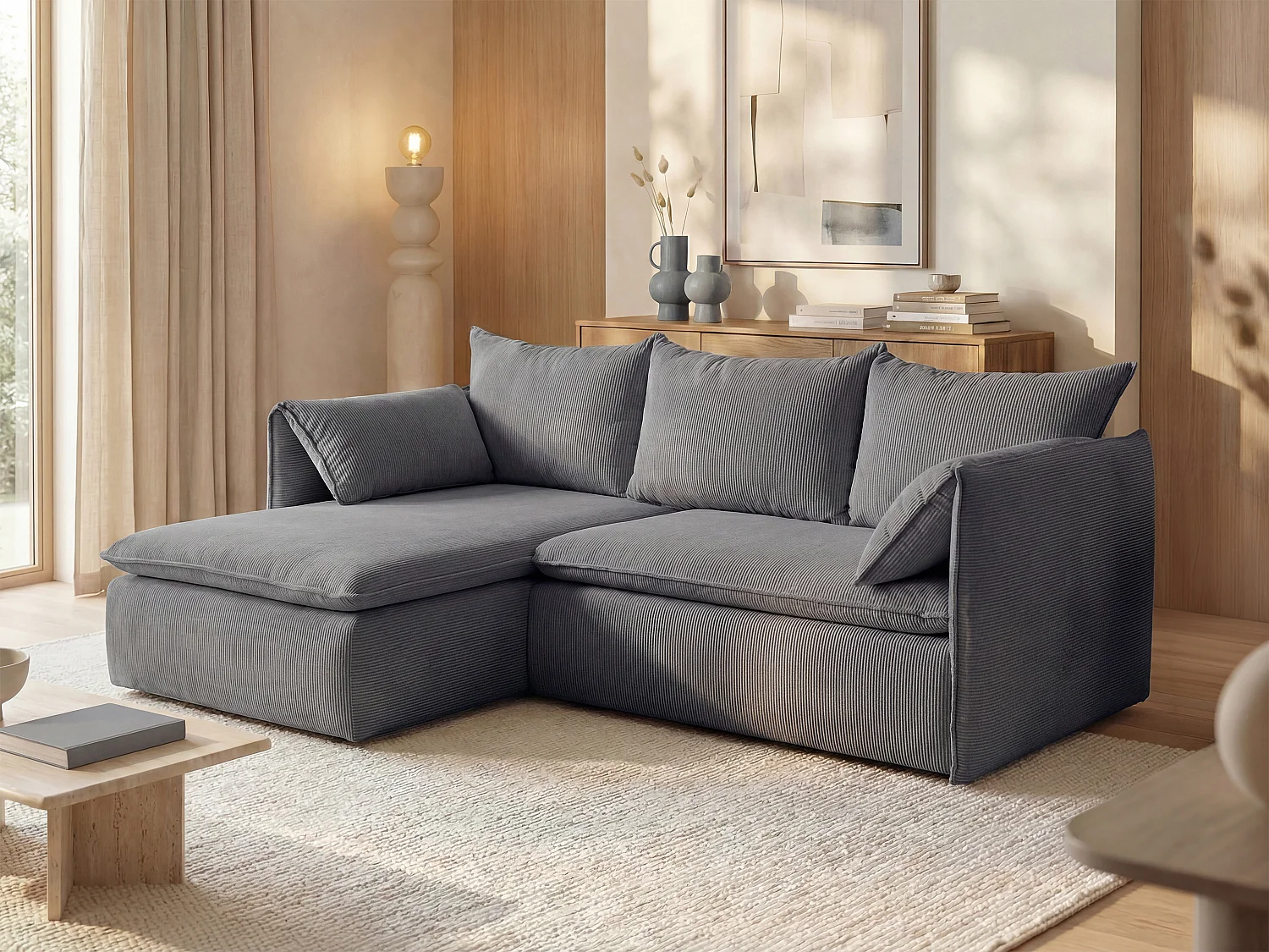 Divano letto in Velluto a coste sottili Blu Grigio - Angolo a sinistra - TEODORA