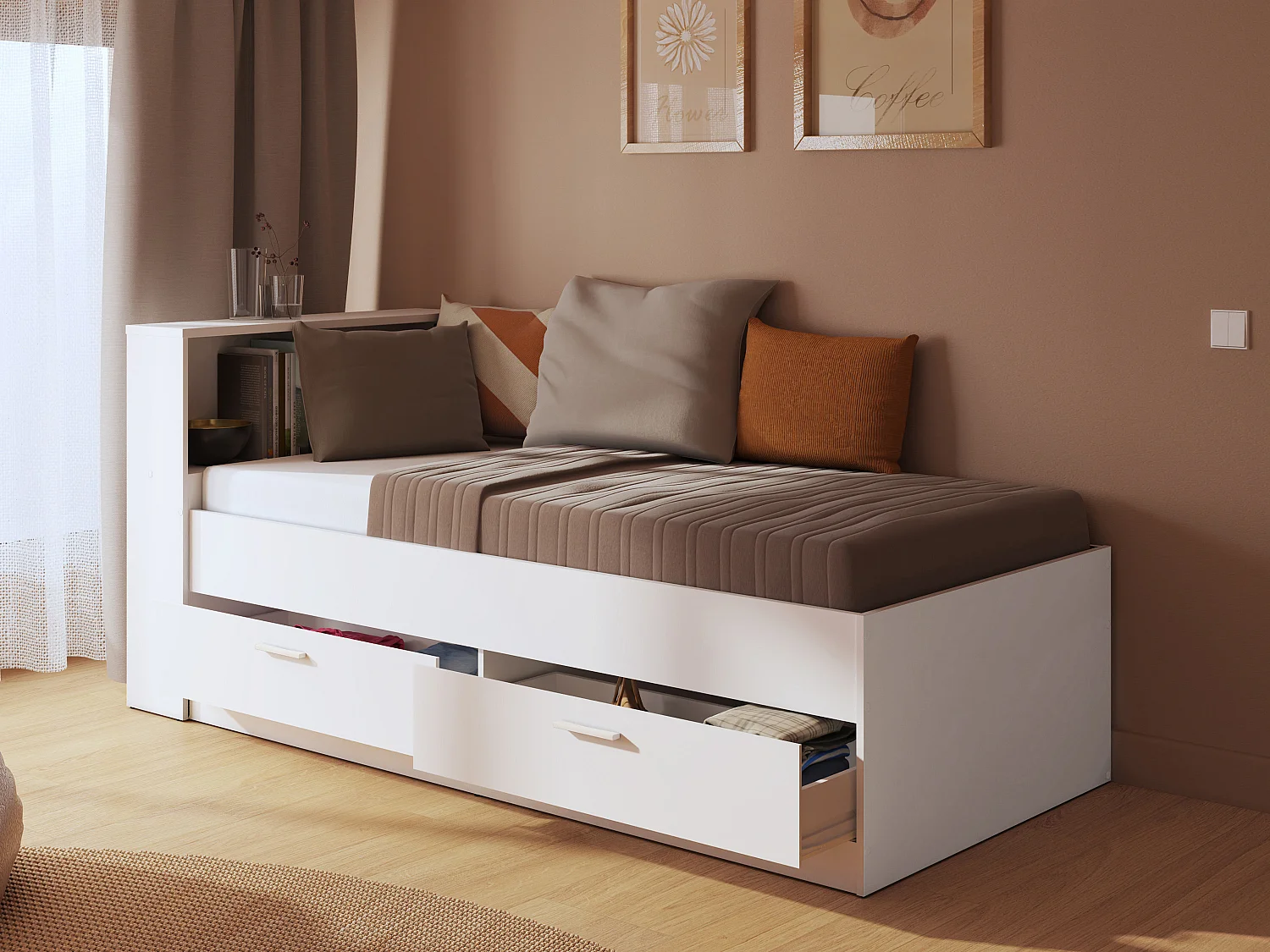 Säng 90 x 190 cm med lådor och förvaring - Färg: Vit - BORIS II
