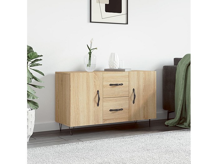 Buffet Chêne Sonoma 100x36x60 Cm - En Bois D'ingénierie, 2 Portes Et 2 Tiroirs, Design Classique