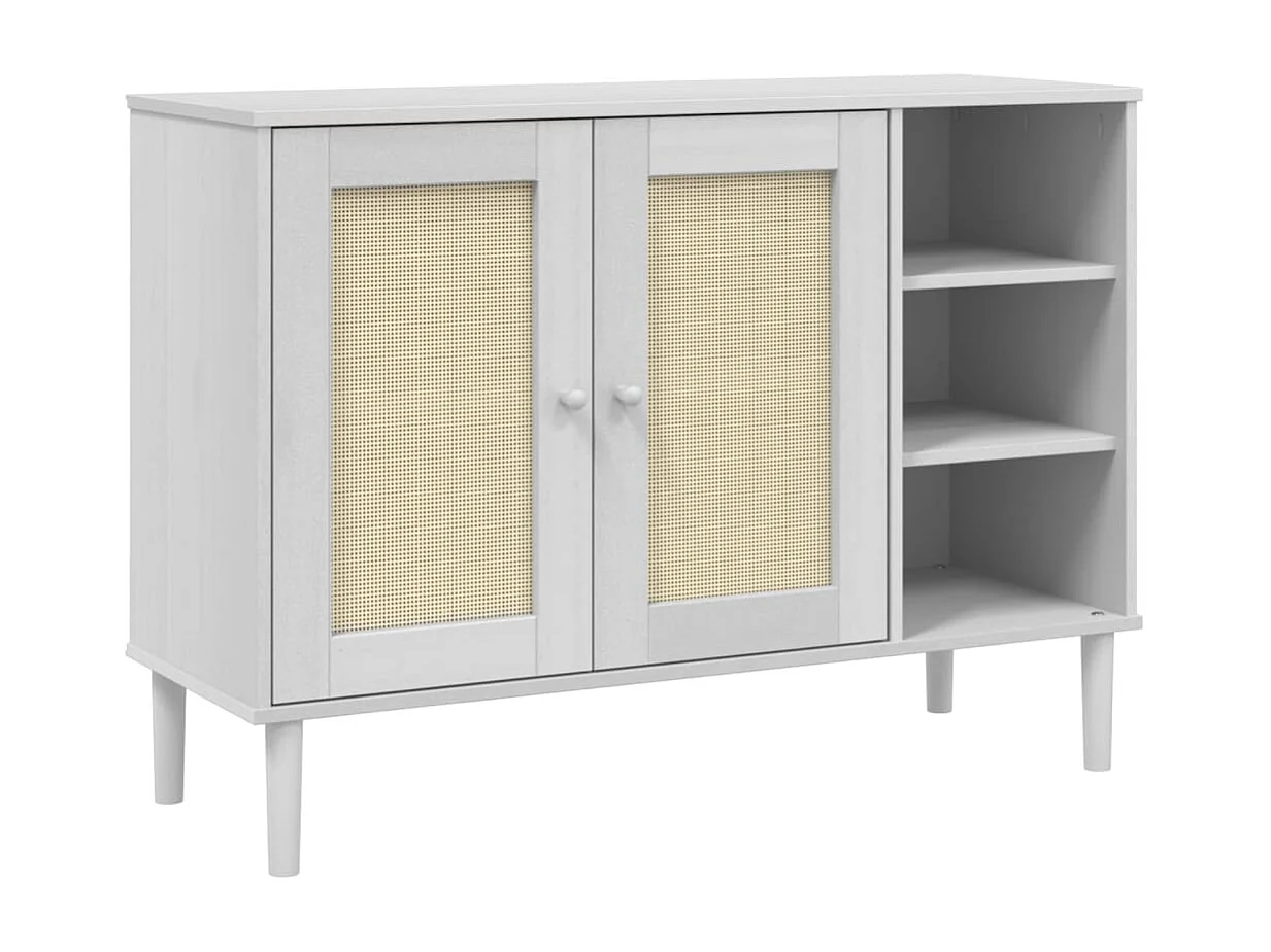 Buffet, Bahut, Meuble de rangement SENJA aspect rotin blanc 112x40x80cm bois massif de pin EGER29689 BonneVie Meuble