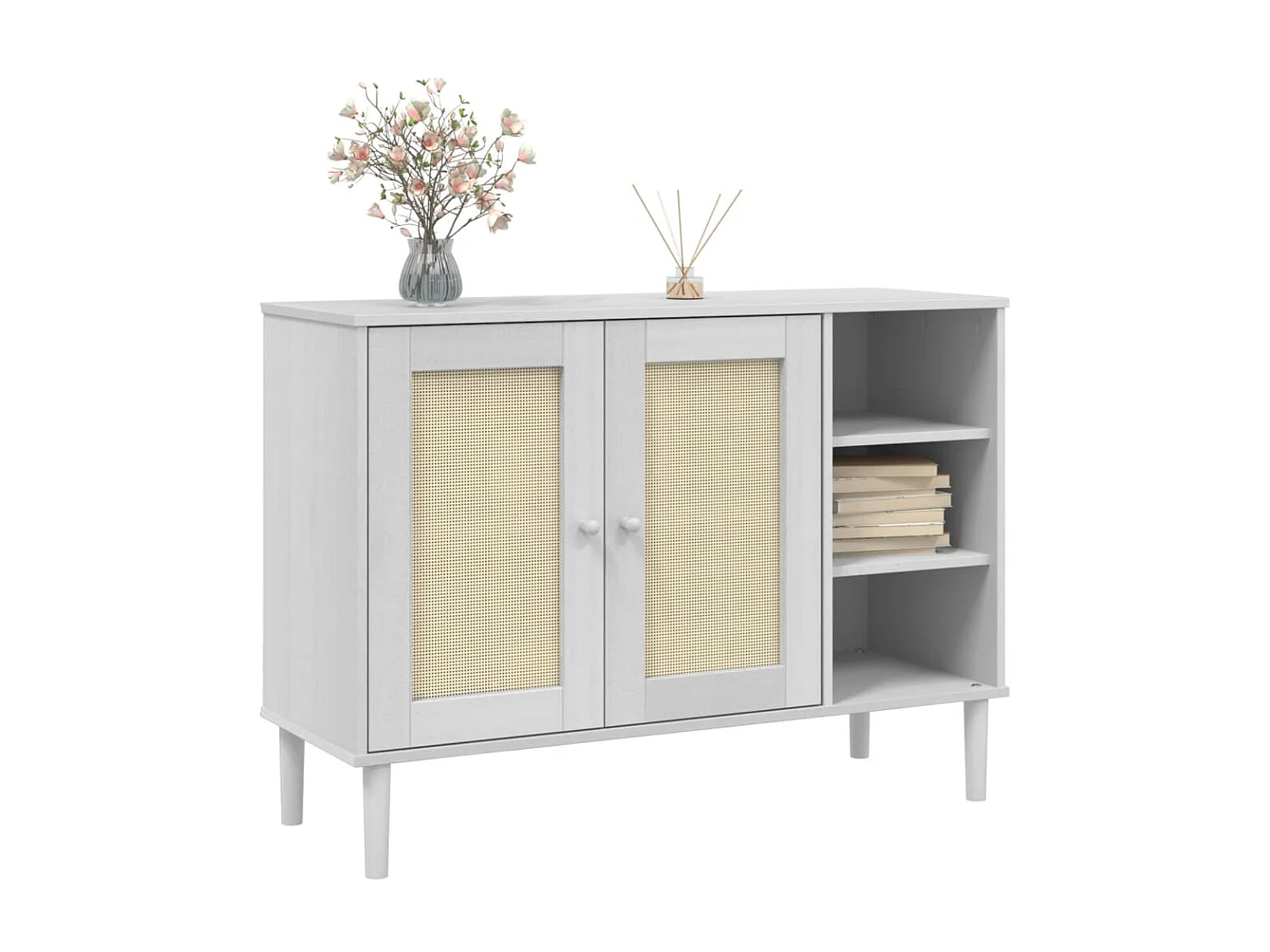 Buffet, Bahut, Meuble de rangement SENJA aspect rotin blanc 112x40x80cm bois massif de pin EGER29689 BonneVie Meuble