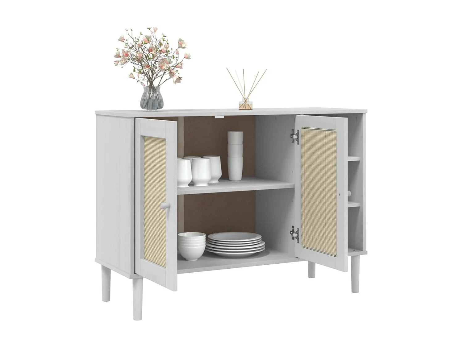 Buffet, Bahut, Meuble de rangement SENJA aspect rotin blanc 112x40x80cm bois massif de pin EGER29689 BonneVie Meuble