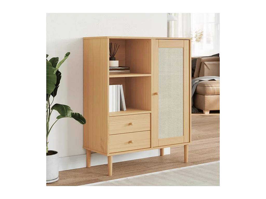 Buffet haut SENJA aspect rotin marron 90x40x112cm bois massif de pin PEWV61926