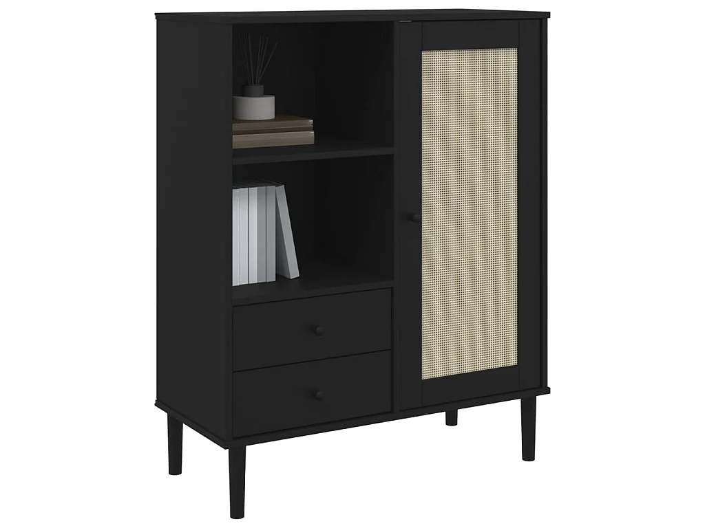Buffet haut SENJA aspect rotin noir 90x40x112cm bois massif de pin PEWV90953