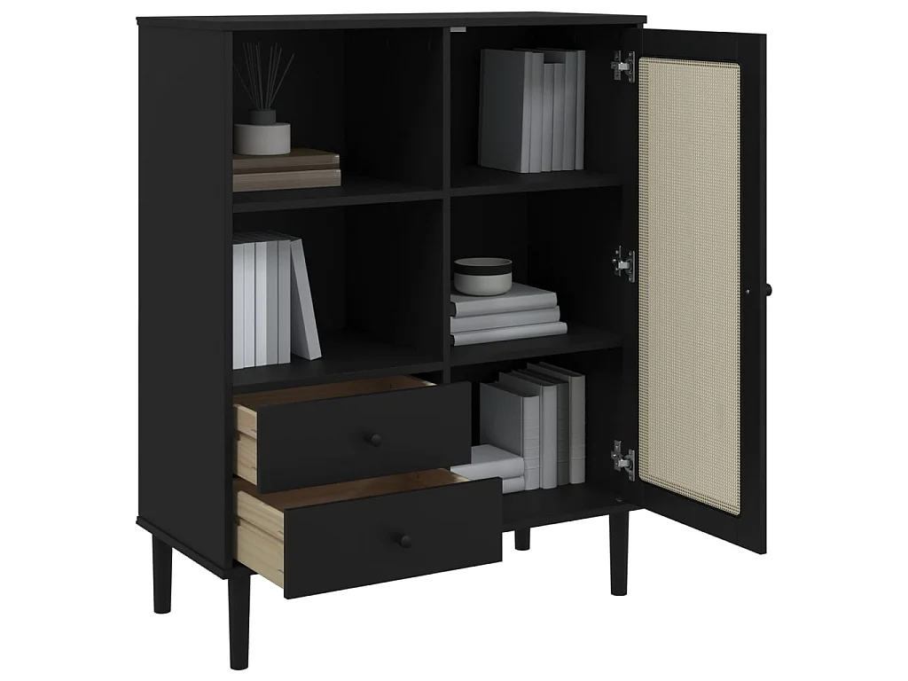 Buffet haut SENJA aspect rotin noir 90x40x112cm bois massif de pin PEWV90953