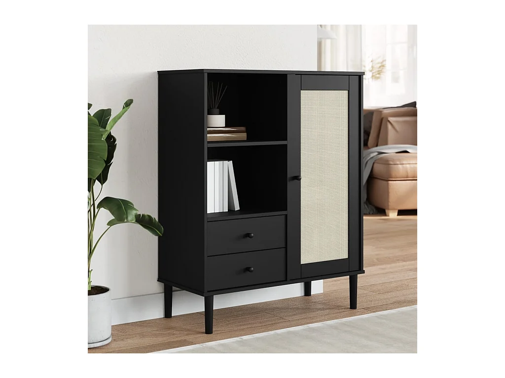 Buffet haut SENJA aspect rotin noir 90x40x112cm bois massif de pin PEWV90953