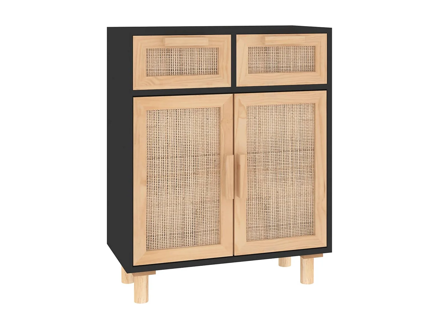 Aparador negro madera pino maciza y ratán natural 60x30x75 cm ES27568