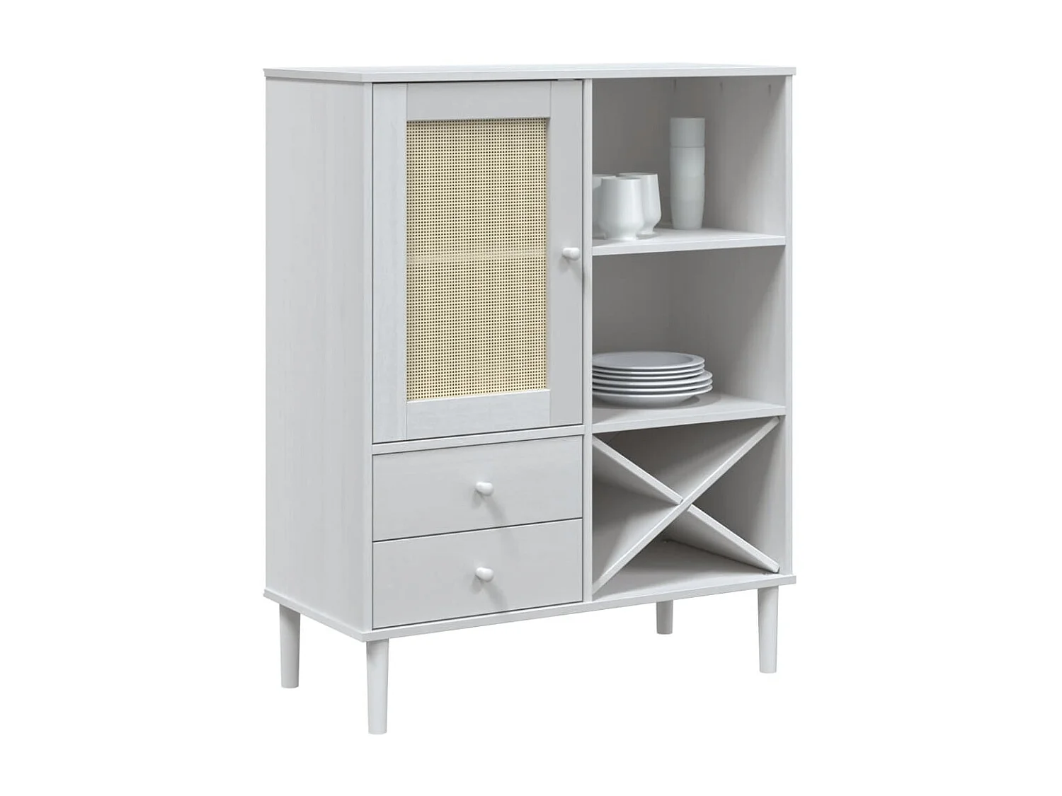 Highboard,Kommode SENJA Rattan-Optik Weiß 90x40x112 cm Kiefernholz -gkd633770