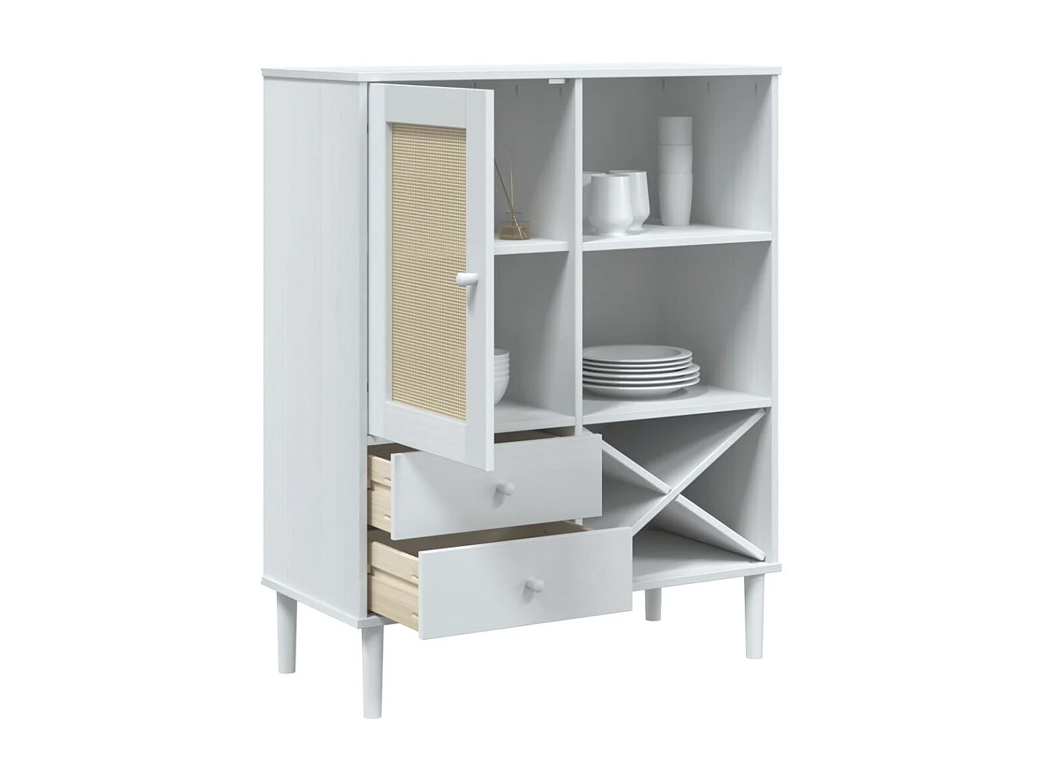 Highboard,Kommode SENJA Rattan-Optik Weiß 90x40x112 cm Kiefernholz -gkd633770