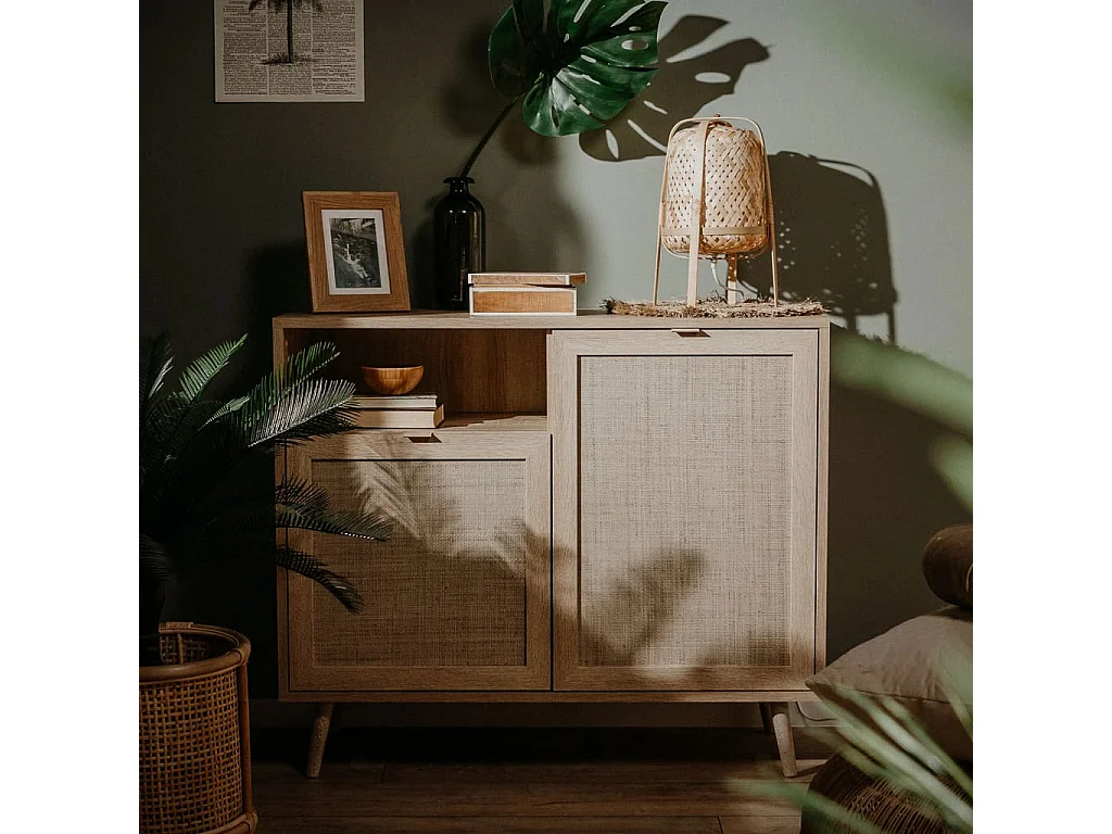 Buffet, Bahut, Meuble de rangement Bali 01A Chêne sonoma et impression de canne EGER79153 BonneVie Meuble