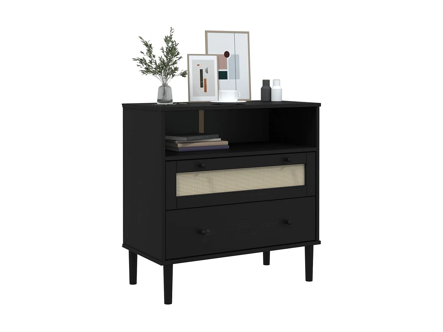 Aparador SENJA aspecto de ratán madera pino negro 80x40x80 cm ES19156