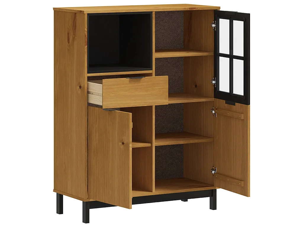 Highboard,Kommode mit Glastür FLAM 92x40x122,5 cm Massivholz Kiefer -gkd494281