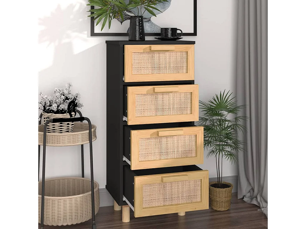 Buffet Noir 40x30x90 cm Bois de pin massif et rotin naturel QWE88523