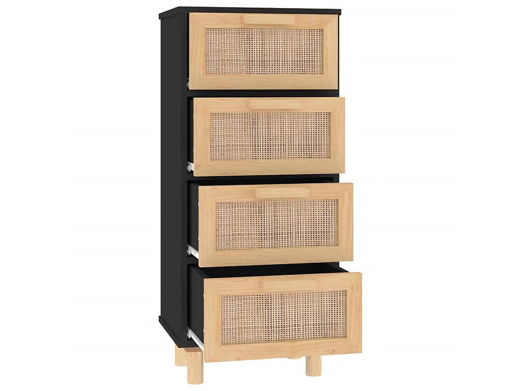 Buffet Noir 40x30x90 cm Bois de pin massif et rotin naturel QWE88523